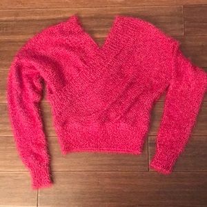 Fuzzy Knit Surplice Sweater (Magenta/Multi)
